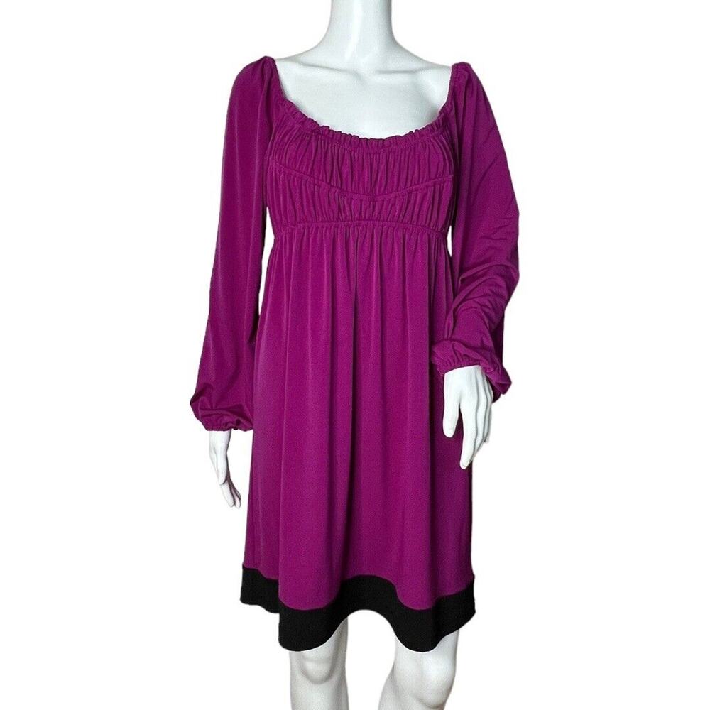 Muse Dress Womens 10 Purple Black Satin Babydoll Smocked Peasant Party Colorful